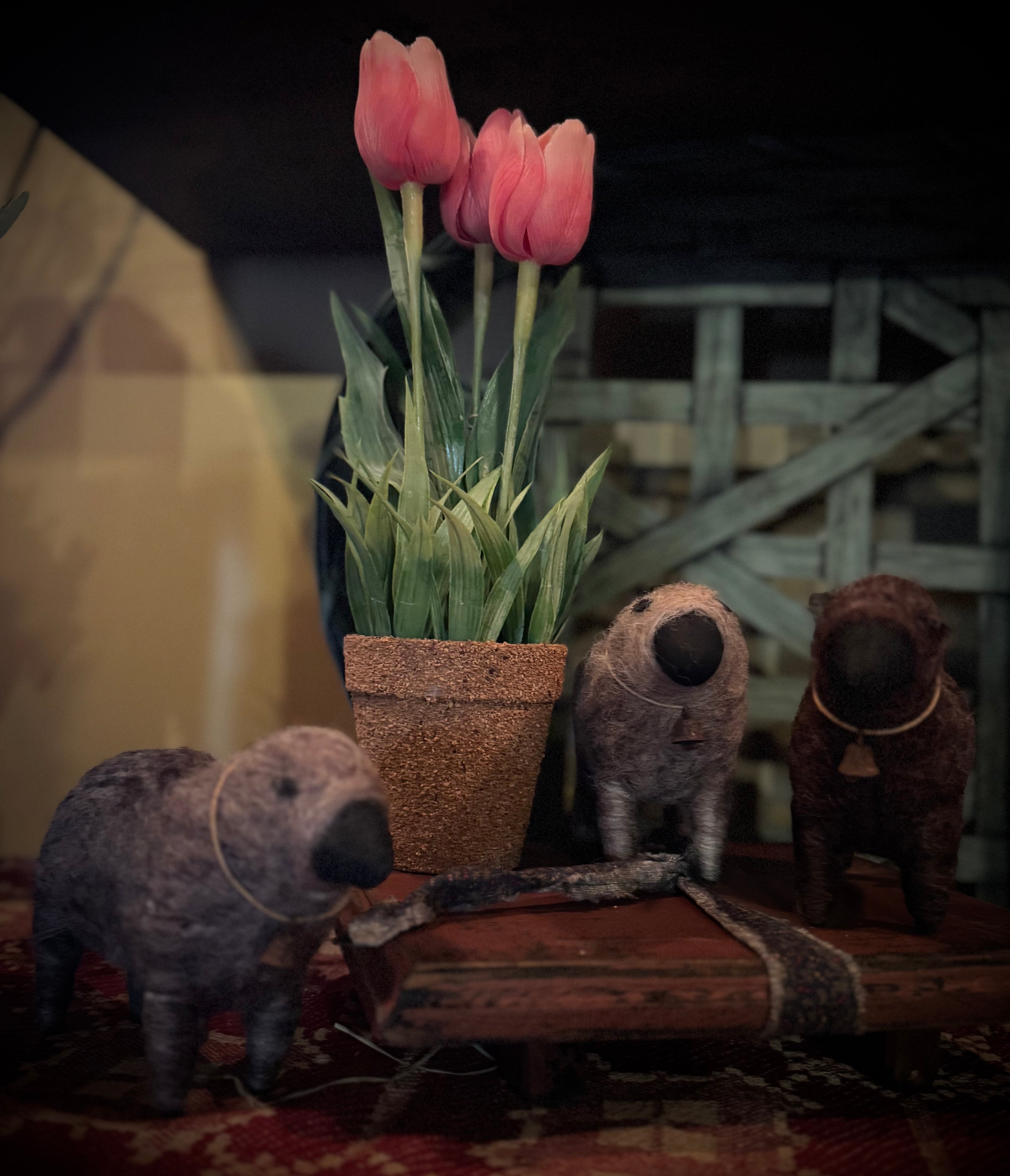 Wool Sheep Figurines – Bell-Adorned Farmhouse Accents